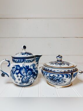 Vintage Gzhel Russian Porcelain Creamer and Sugar Bowl Set | Blue White Floral